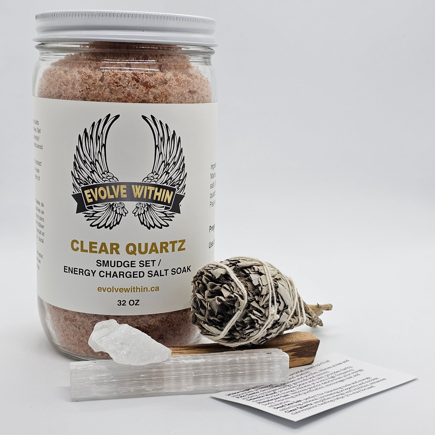 Clear Quartz Smudge Set / Energy Charged Salt Soak